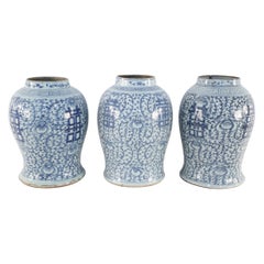 Vintage Chinese Off-White and Blue Vine Character Porcelain Urn Vases