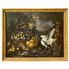 Oil on Canvas Oil Painting of Bird in Fruit and Floral Landscape