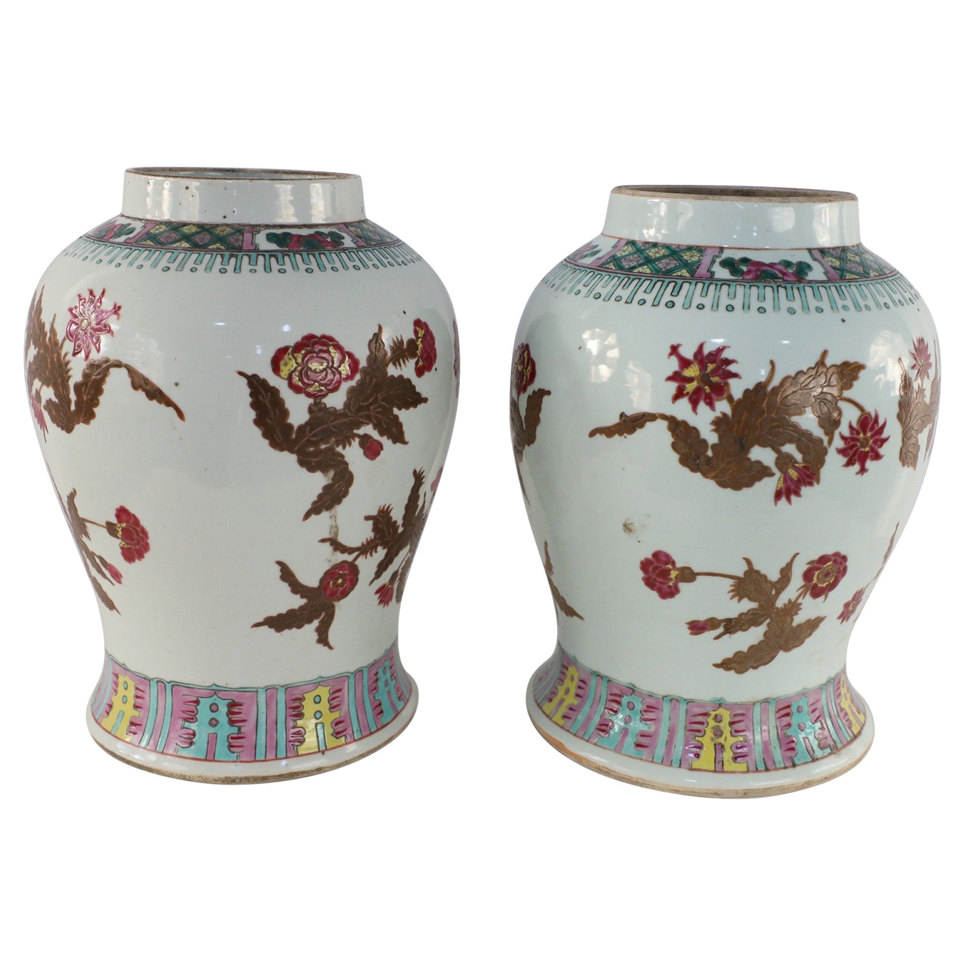 Pair of Chinese White and Umber Floral Design Porcelain Vases For Sale