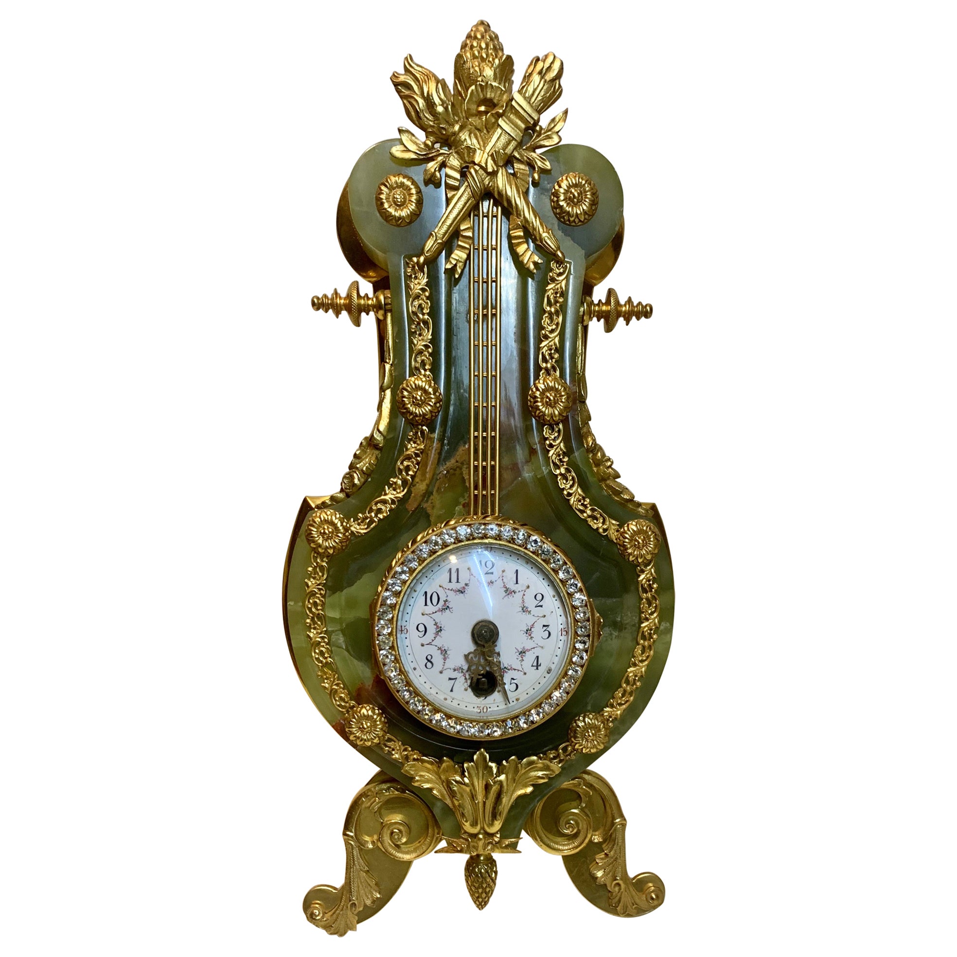 Superb Antique Onyx, Ormolu & Jewelled Strut Clock, French 19th C