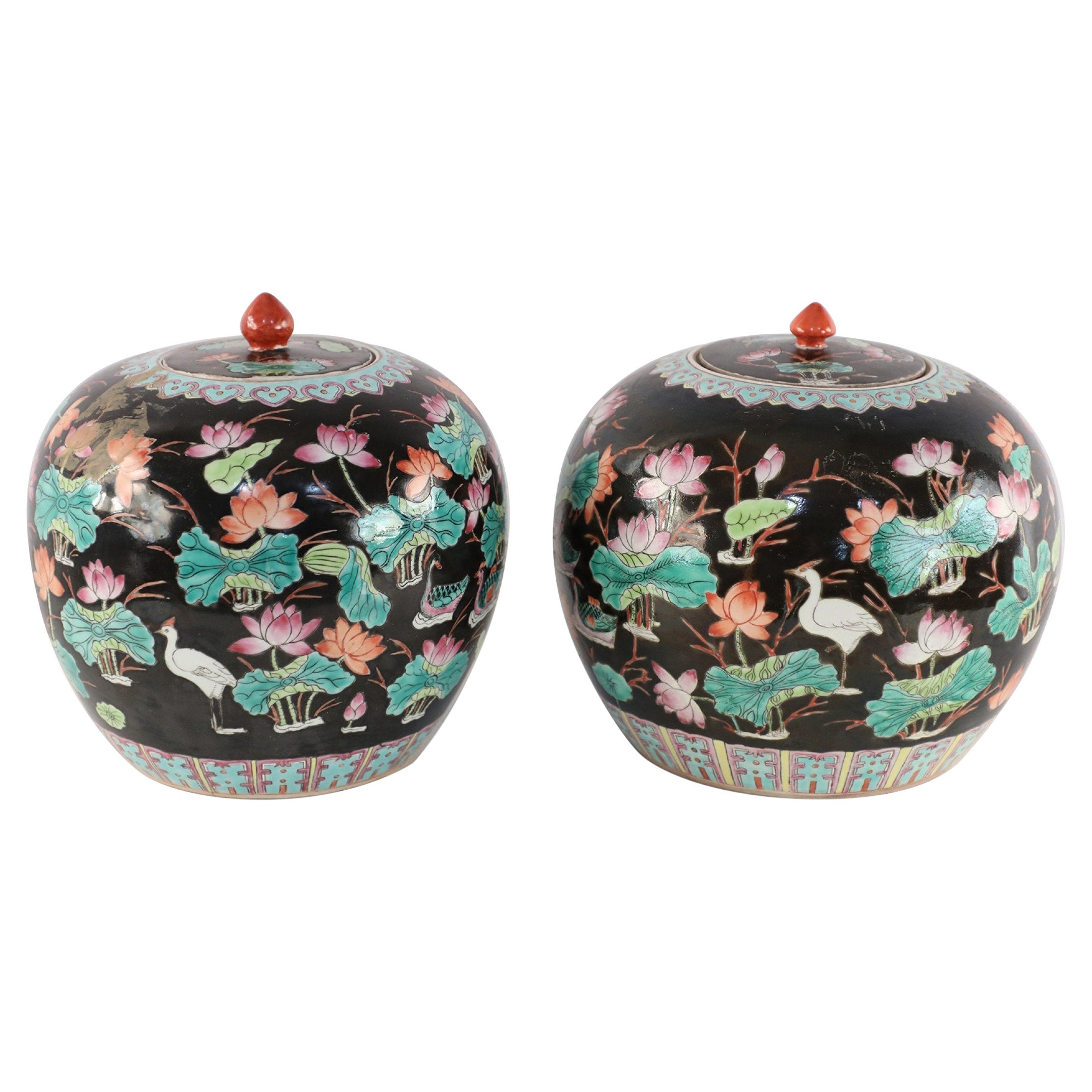 Chinese Black Nature Scene Motif Lidded Vases For Sale