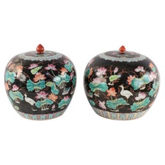 Chinese Black Nature Scene Motif Lidded Vases