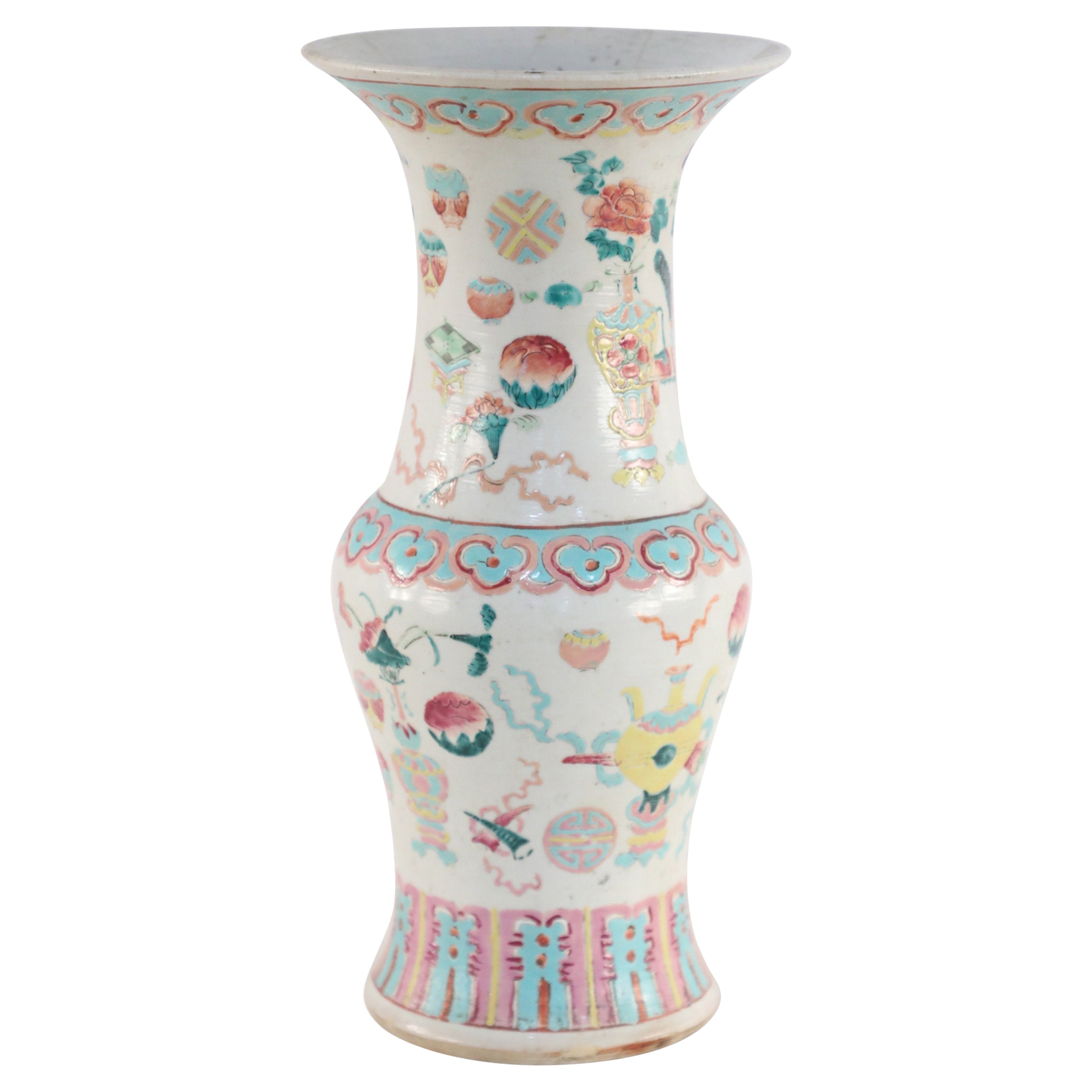 Chinese White and Pink, Blue and Yellow Bogu Pattern Porcelain Urn For Sale