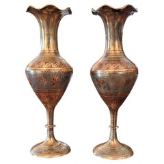 Antique Pair of Anglo Indian Brass and Enameled Rose Vases