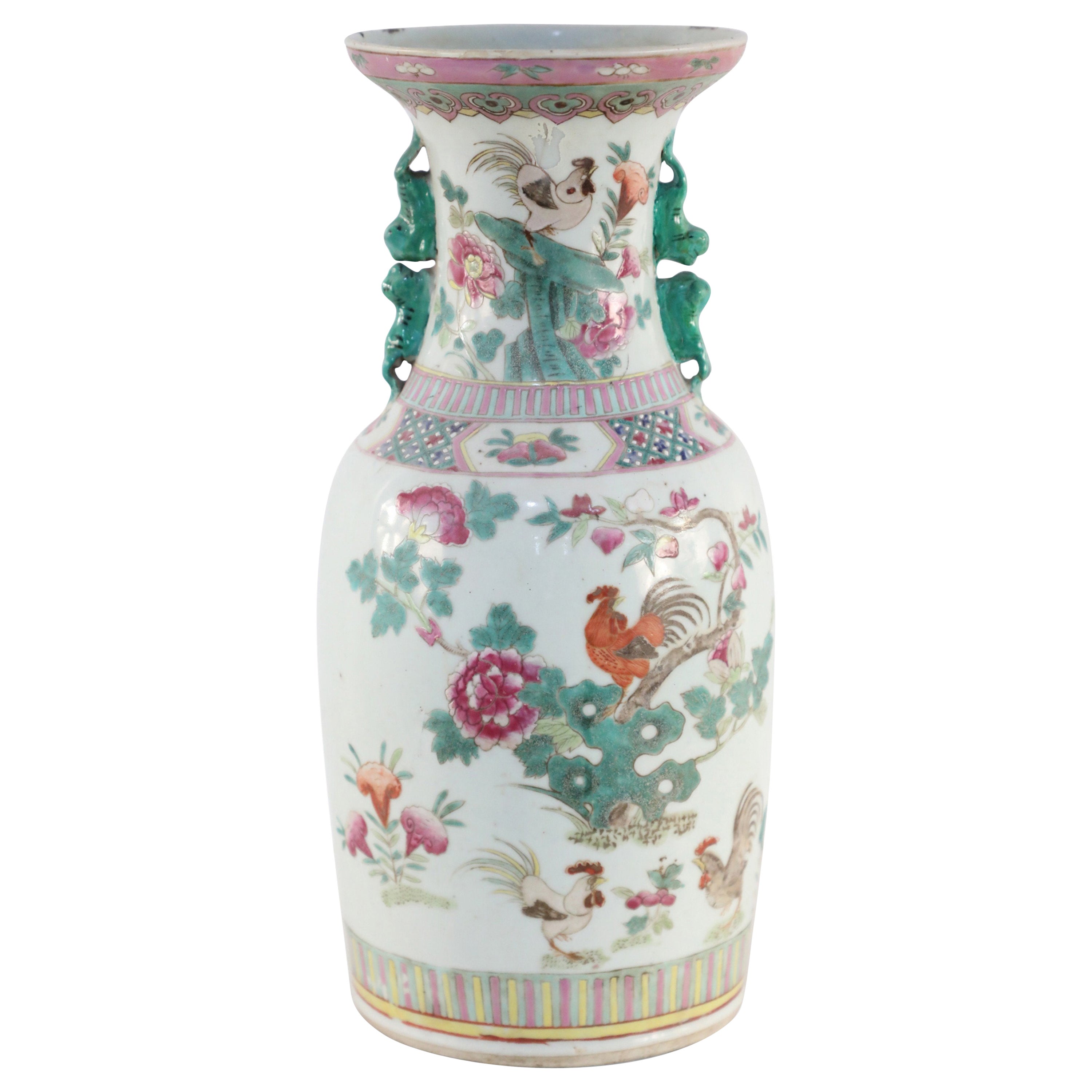 Chinese White, Green, and Pink Floral and Rooster Design Porcelain Urn For Sale