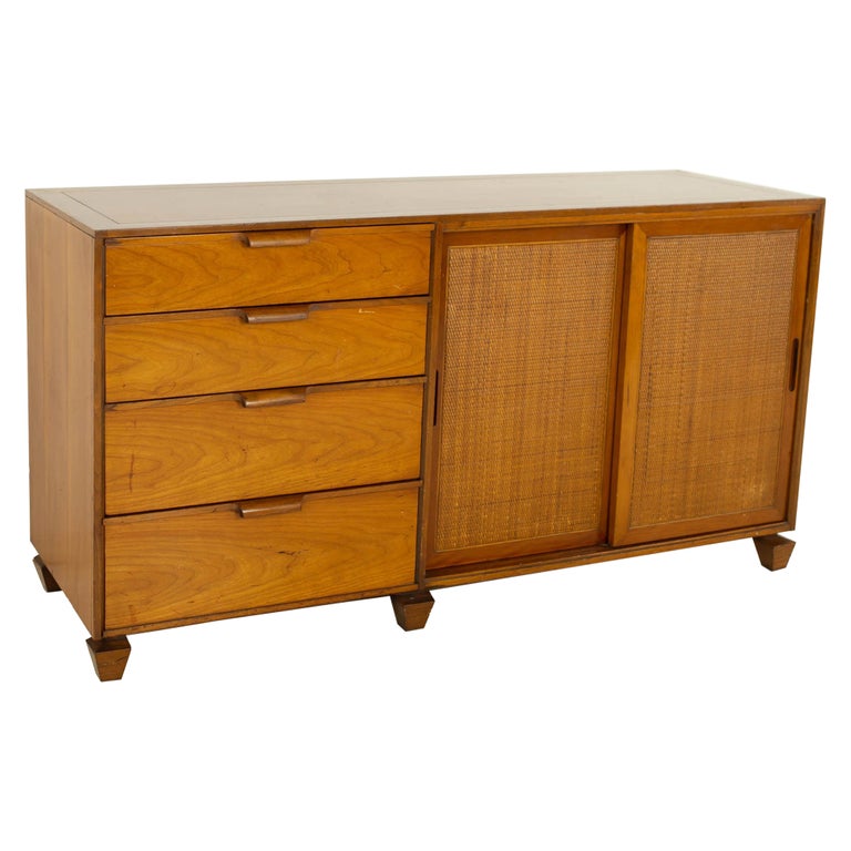 Tomlinson Mid Century Walnut Cane Front Sideboard Credenza For Sale