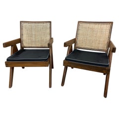 Mid-Century Modern Pierre Jeanneret Hand Cane Low Easy Armchairs, Pair