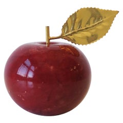 Italian Red Alabaster Marble Apple with Brass Gold Leaf