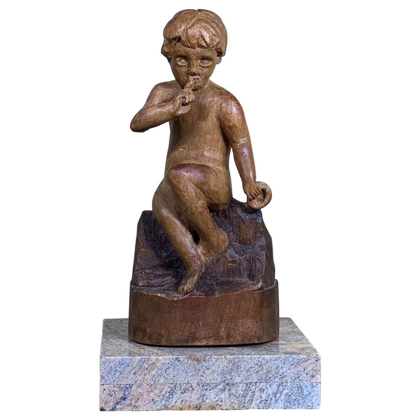 Handgeschnitzte Skulptur eines sitzenden Kindes, Vintage im Angebot