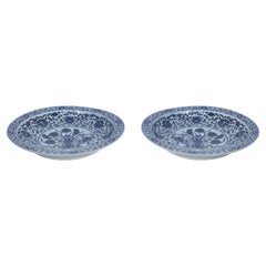 Vintage Pair of Chinese White and Blue Floral Decorative Plates