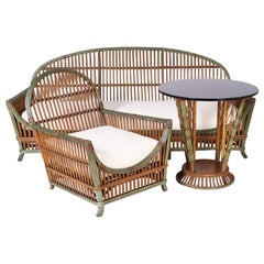 Three Piece Art Deco Rattan Sofa, Chair, and Table. Priced for All, or Each.