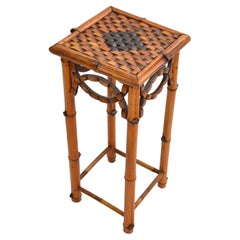 Bohemian Handcrafted Mid-Century Modern Bamboo & Rattan Side Table, Plant Stand