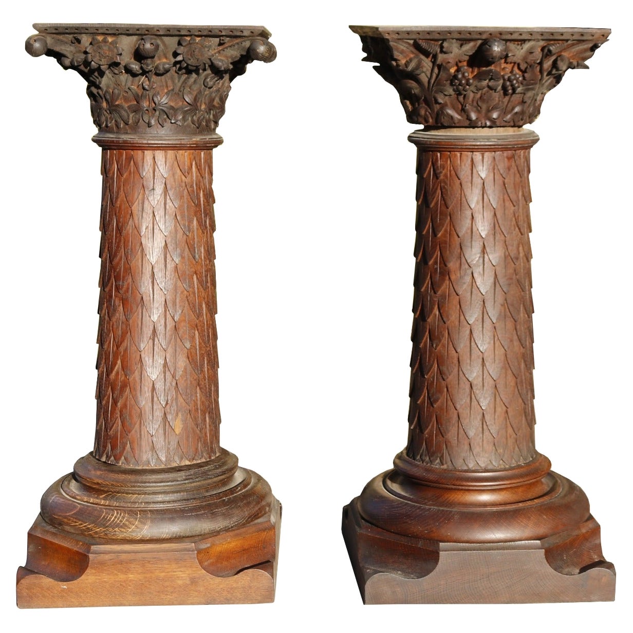 Pair of Carved Oak Pedestals For Sale