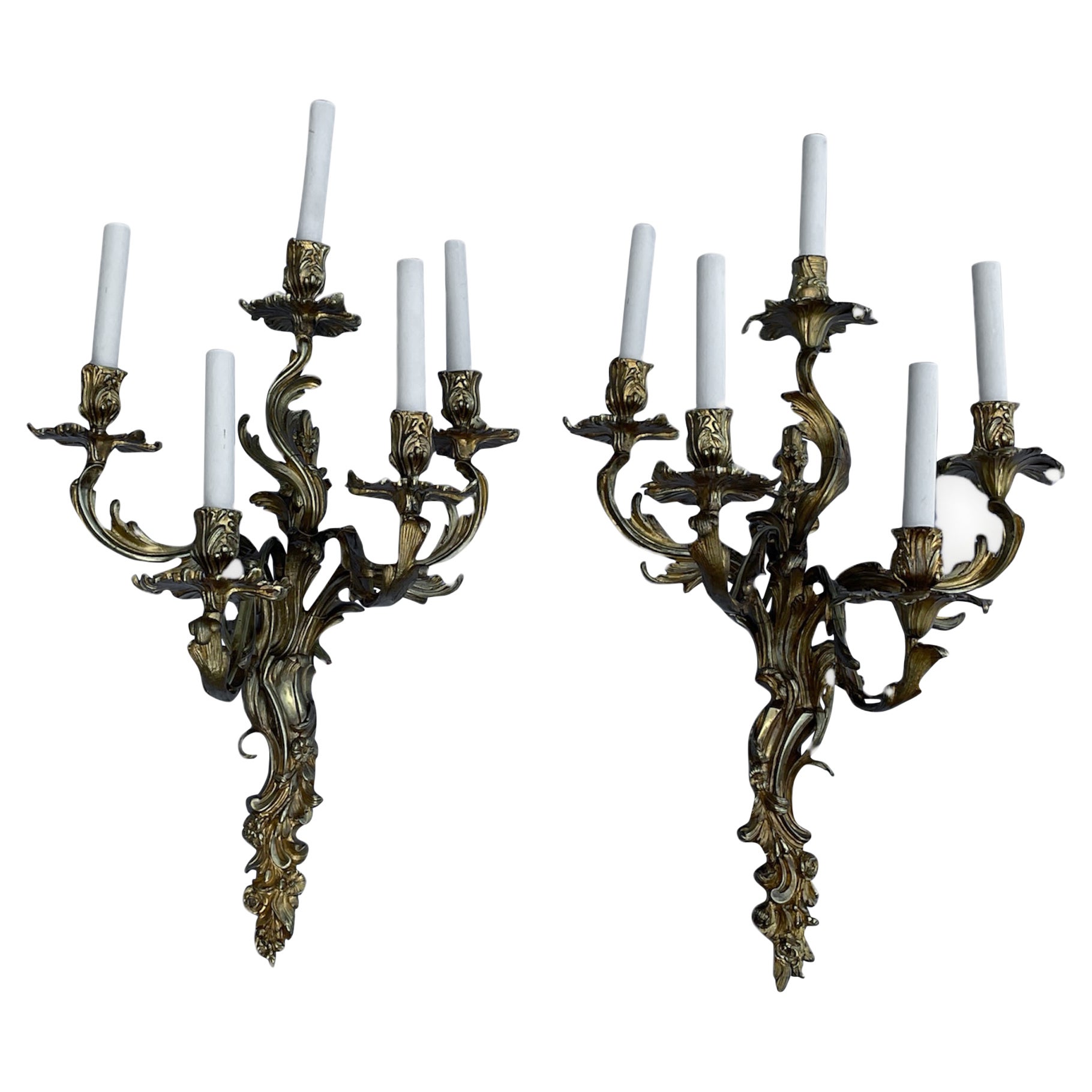 Large Rococo Louis XV French Gilt Bronze Five Arms Pair of Wall Sconces For Sale