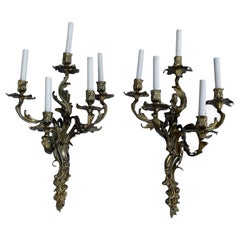 Large Rococo Louis XV French Gilt Bronze Five Arms Pair of Wall Sconces