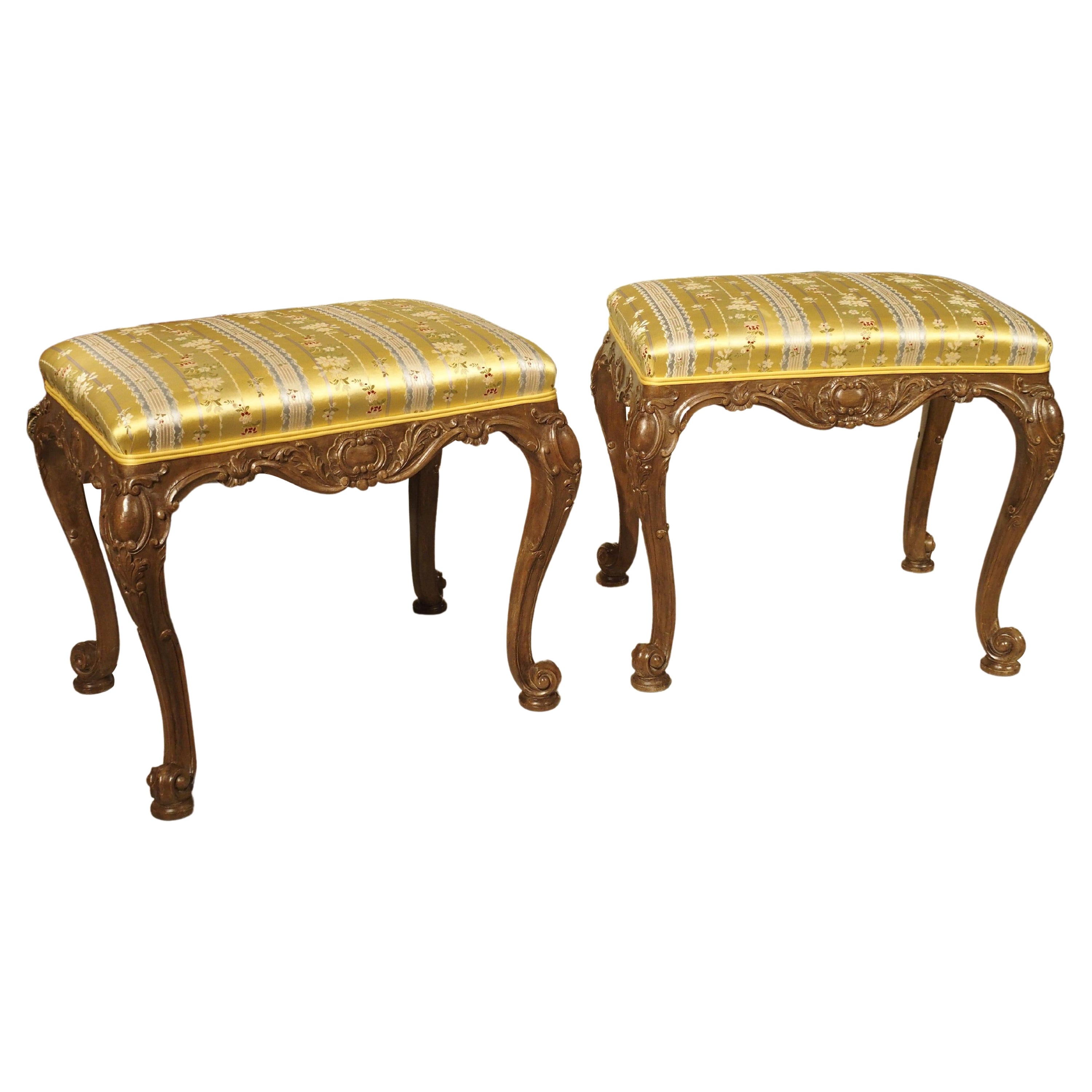 Pair of Well Carved French Louis XV Style Tabouret Stools with Silk Upholstery