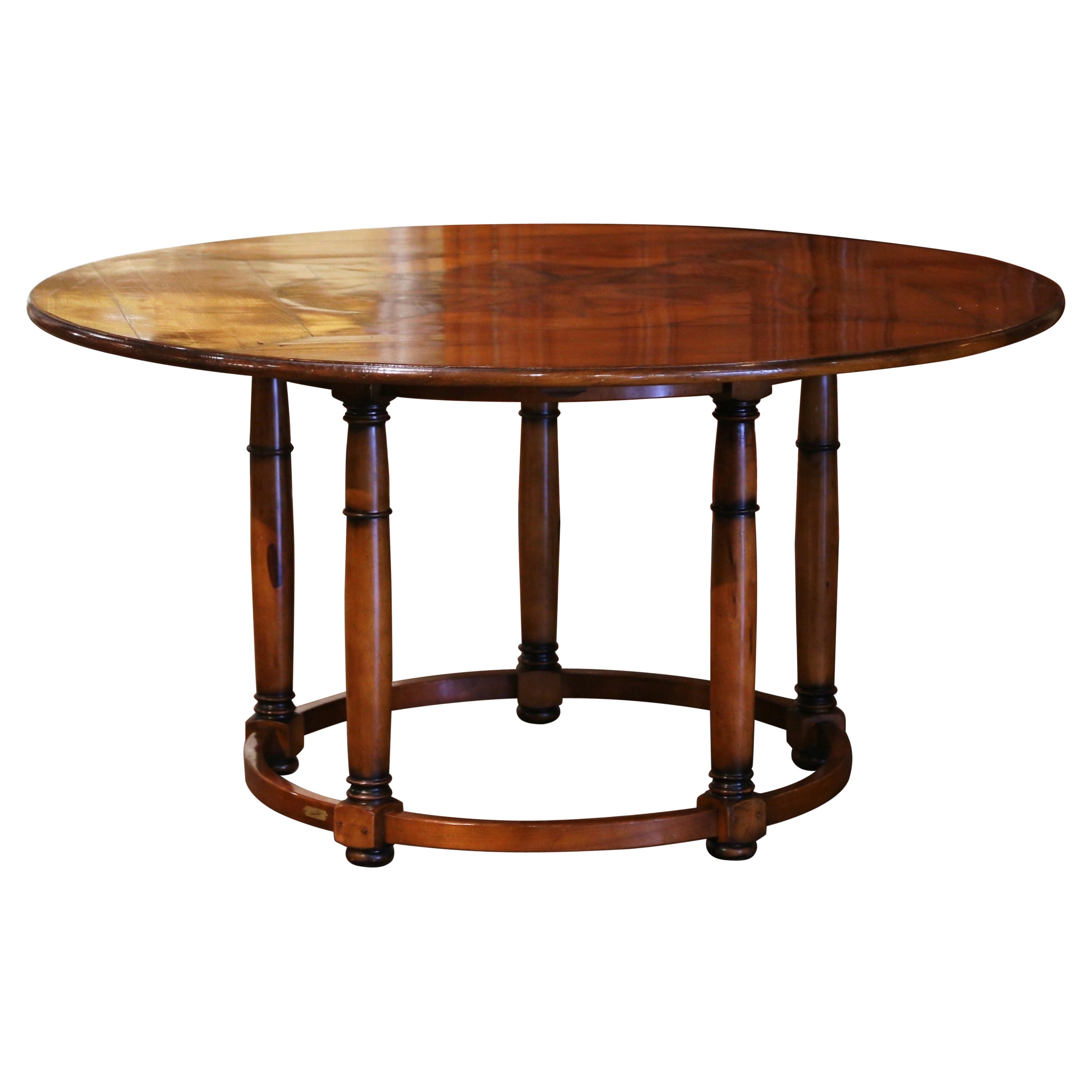 French Fruitwood Marquetry Five-Leg Round Table Signed Christian Noyrand