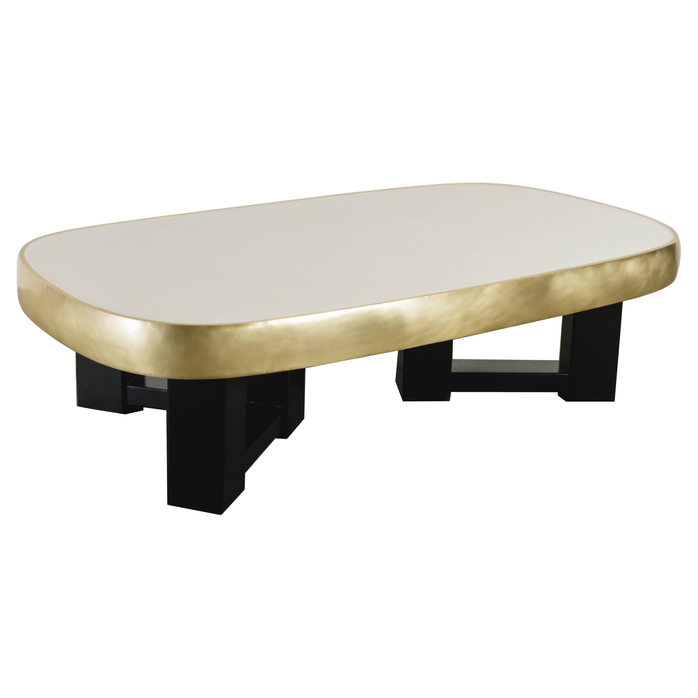 Contemporary Cream Lacquer Oblong Cocktail Table with Brass Trim by Robert Kuo For Sale