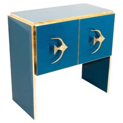 Modern Italian Custom Brass Edged & Fish Marine Teal Blue Cabinet