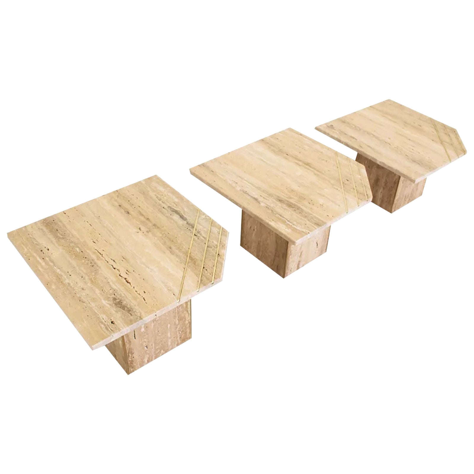 Italian Contemporary Modern Travertine Nesting Tables Set with Brass Insets For Sale