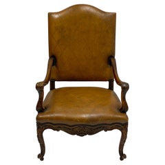 Vintage Large Scale French Louis XV Style Carved Fruitwood Tooled Leather Bergere Chair