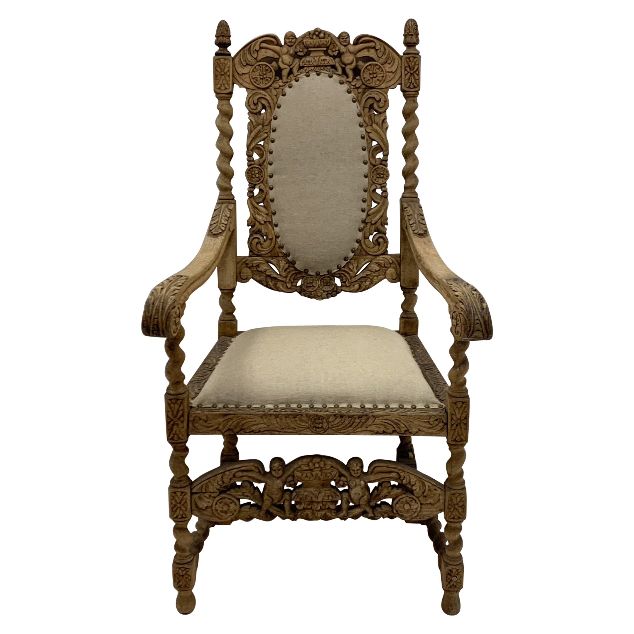 Early 20th C. English Jacobean Style Bleached Carved Oak Arm Chair in Linen
