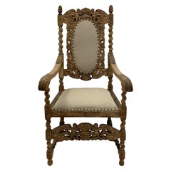 Antique Early 20th C. English Jacobean Style Bleached Carved Oak Arm Chair in Linen
