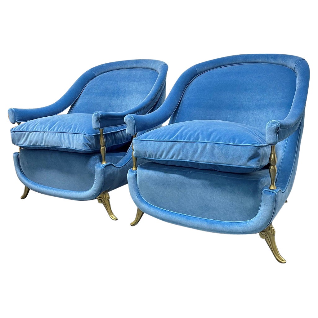 Pair of French 1950s Brass and Velvet Lounge Chairs