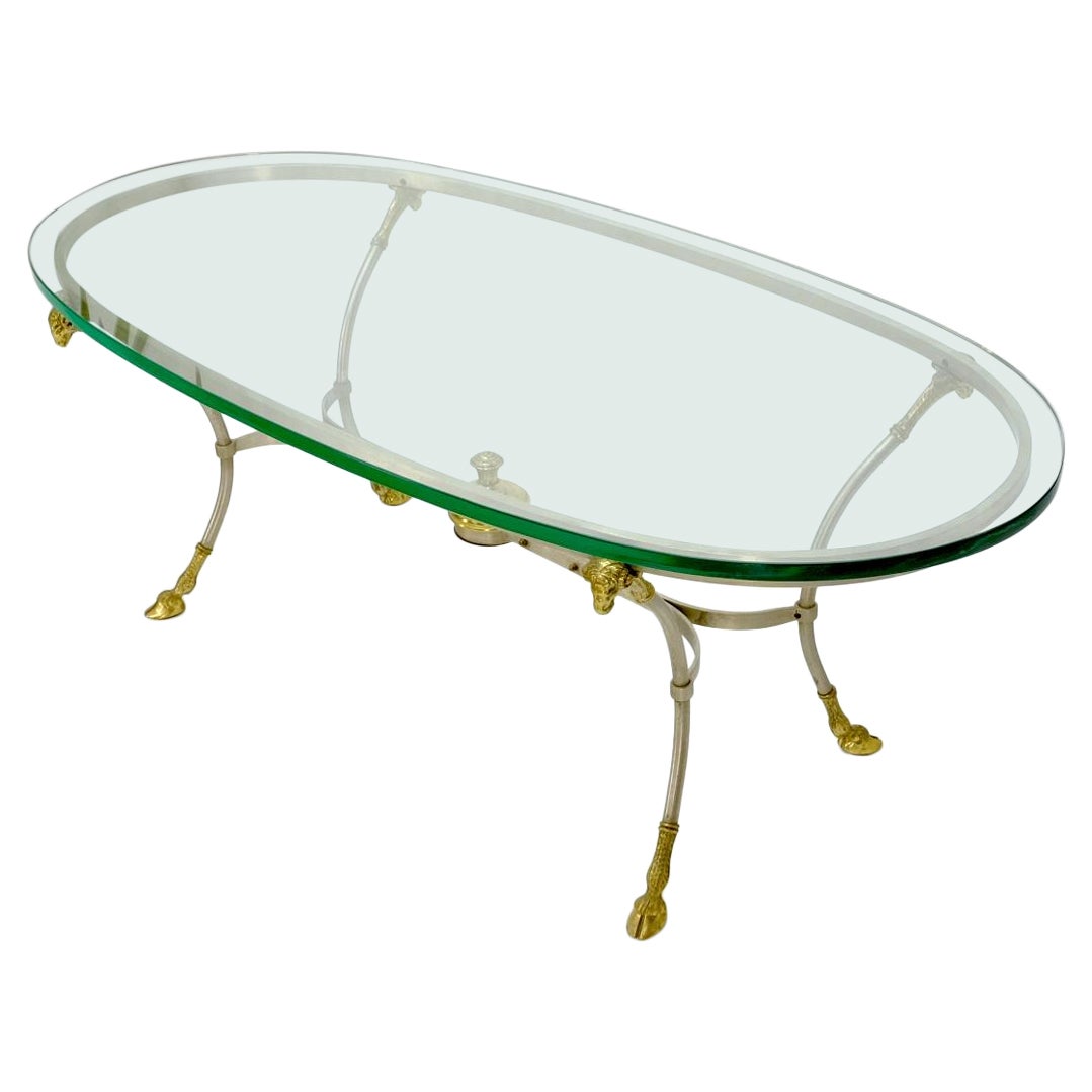 Oval Glass Top Brass & Chrome Hoof Feet Coffee Table Jansen Style