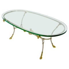 Oval Glass Top Brass & Chrome Hoof Feet Coffee Table Jansen Style