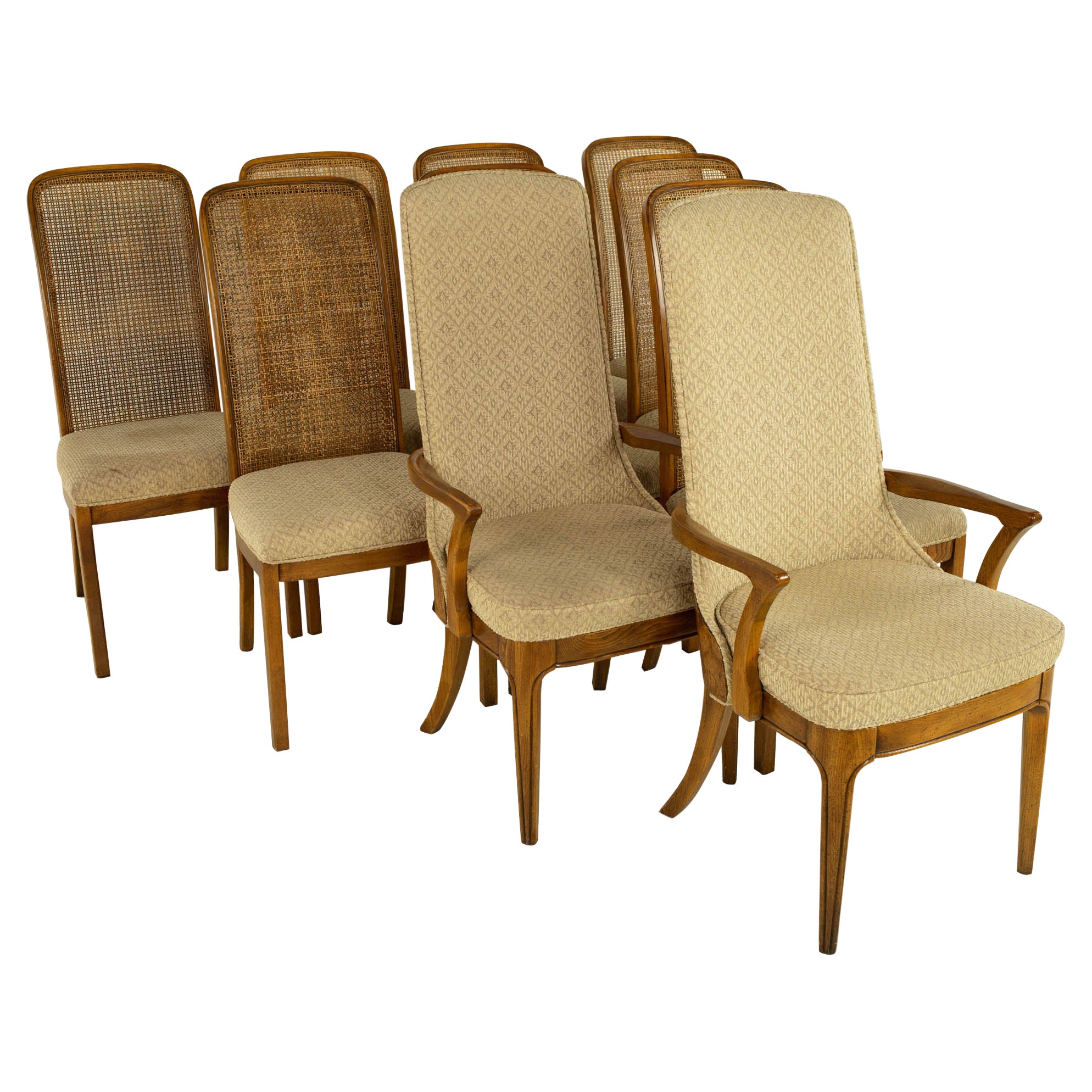 Hickory Manufacturing Company Mid Century Burlwood Cane Dining Chairs, Set 10