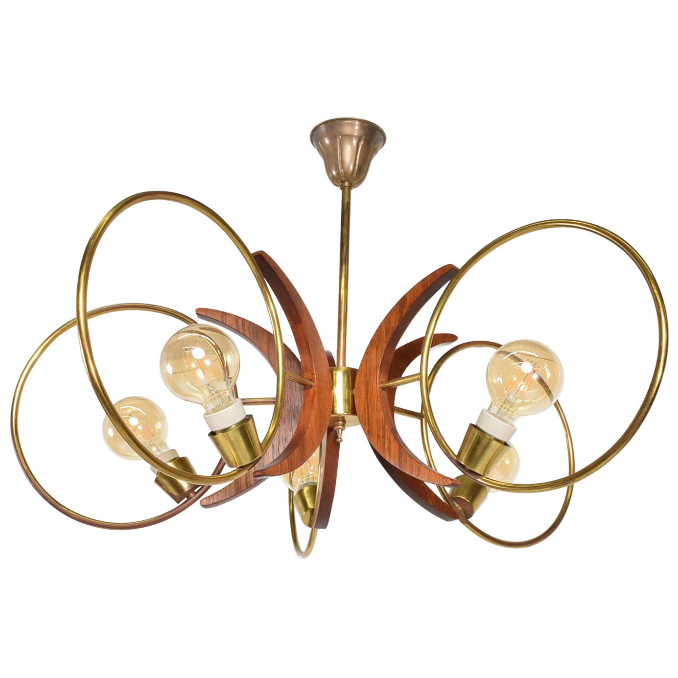 1960s Alluring Five Ring Sculptural Chandelier Brass and Mahogany Mexico City For Sale