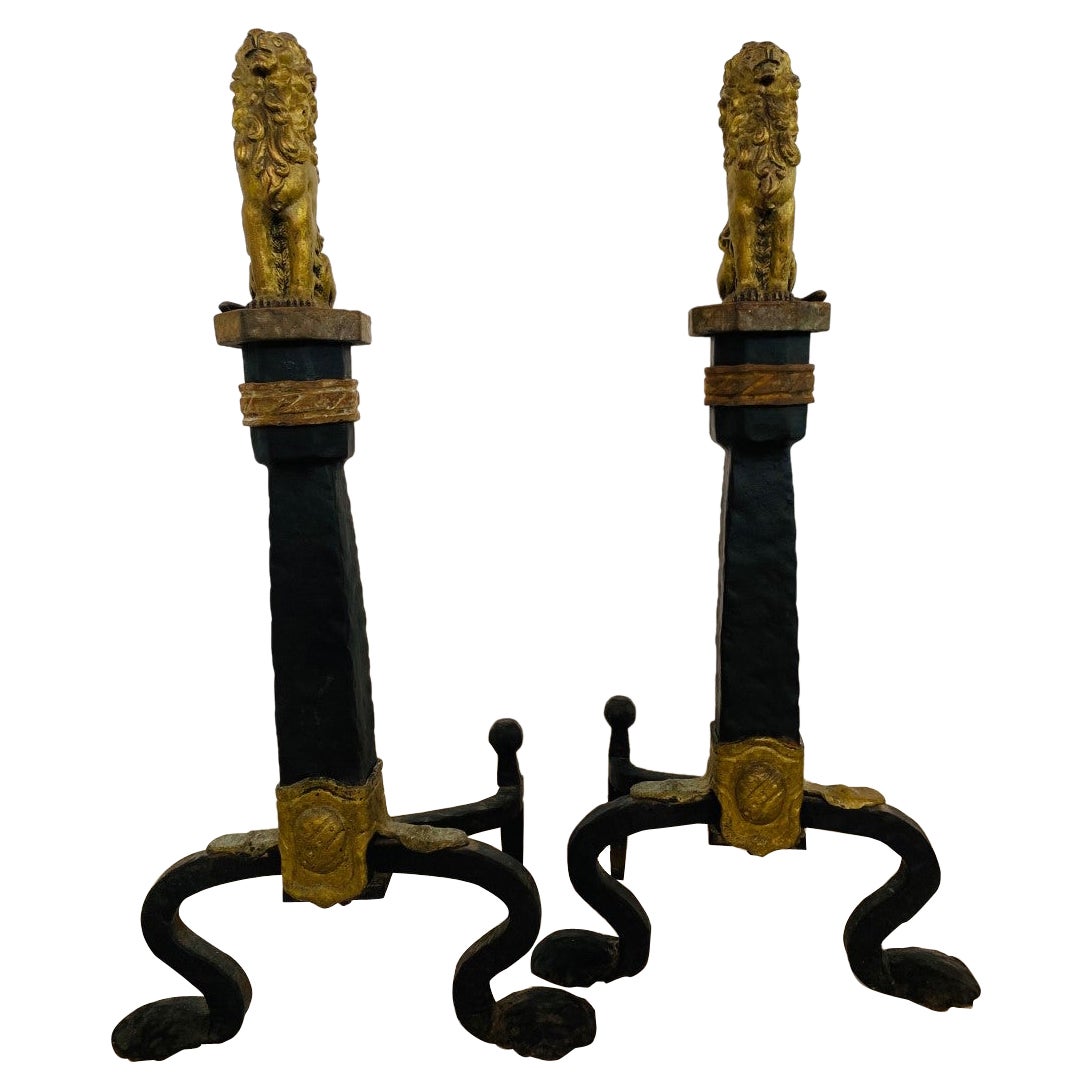 19th Century Brass and Iron Lion Andirons For Sale