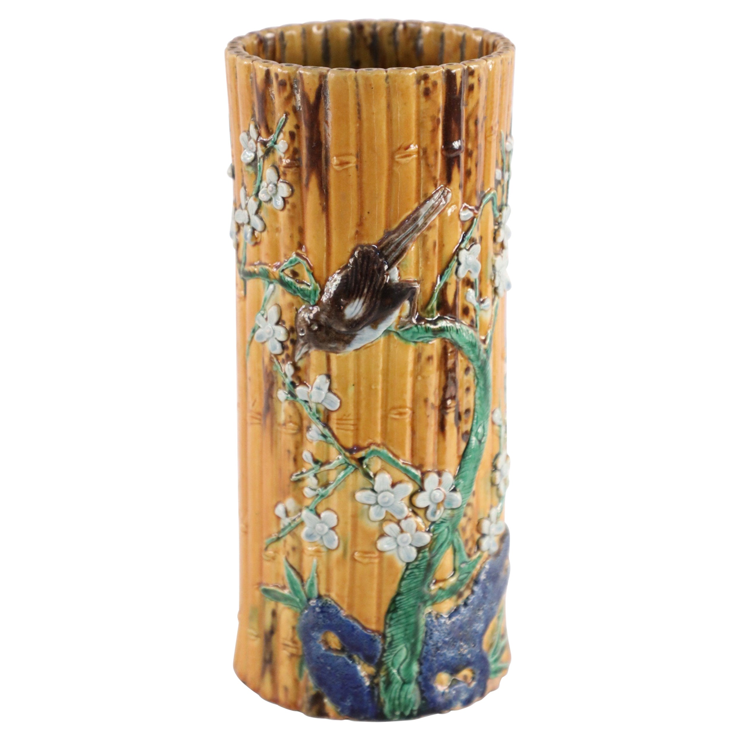 Chinese Faux Bamboo and Floral Motif Hat Stand Porcelain Vase For Sale
