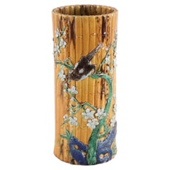 Jarrón chino de porcelana con motivos florales y falso bambú para sombreros