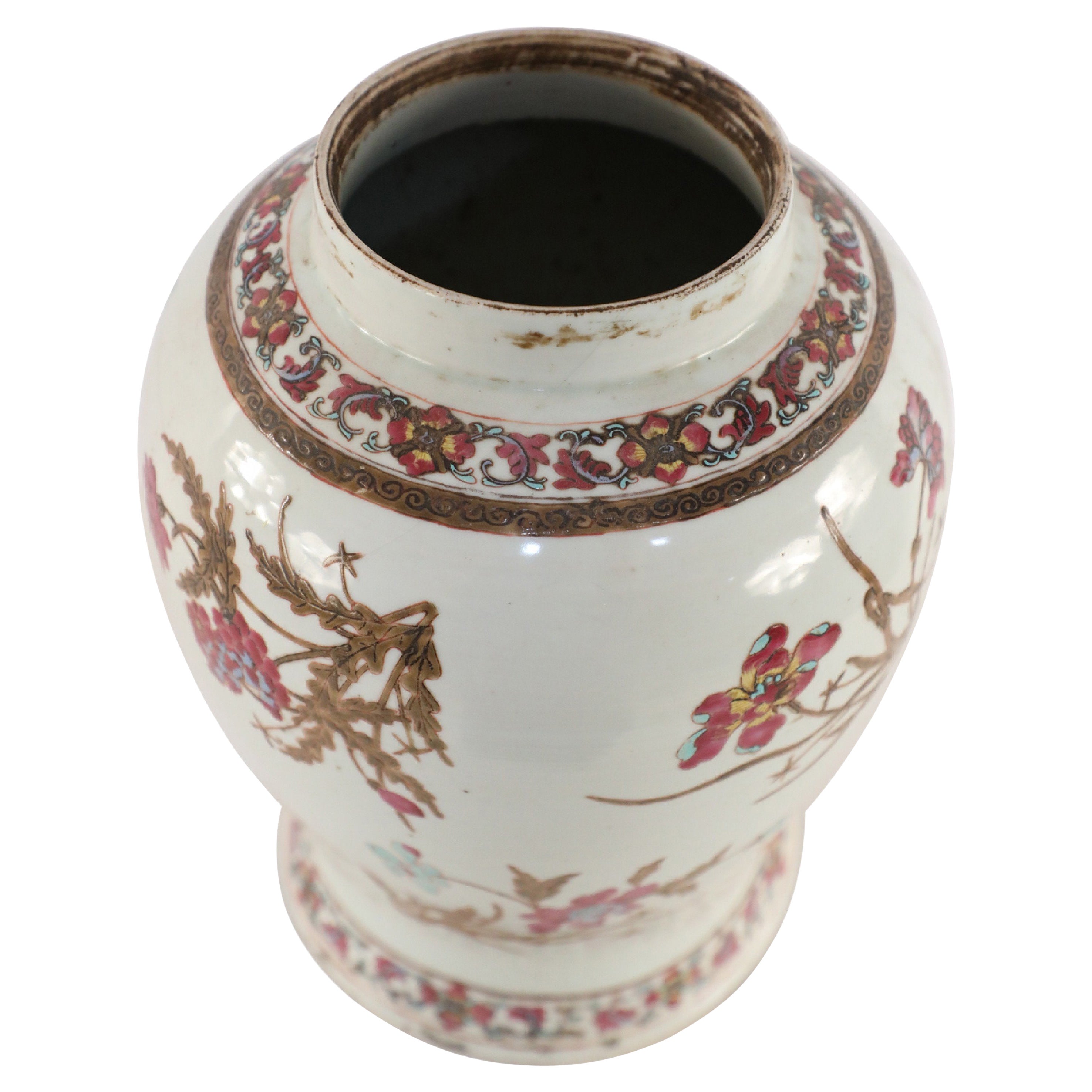 Jarrón de porcelana china con motivos florales en blanco, marrón y magenta