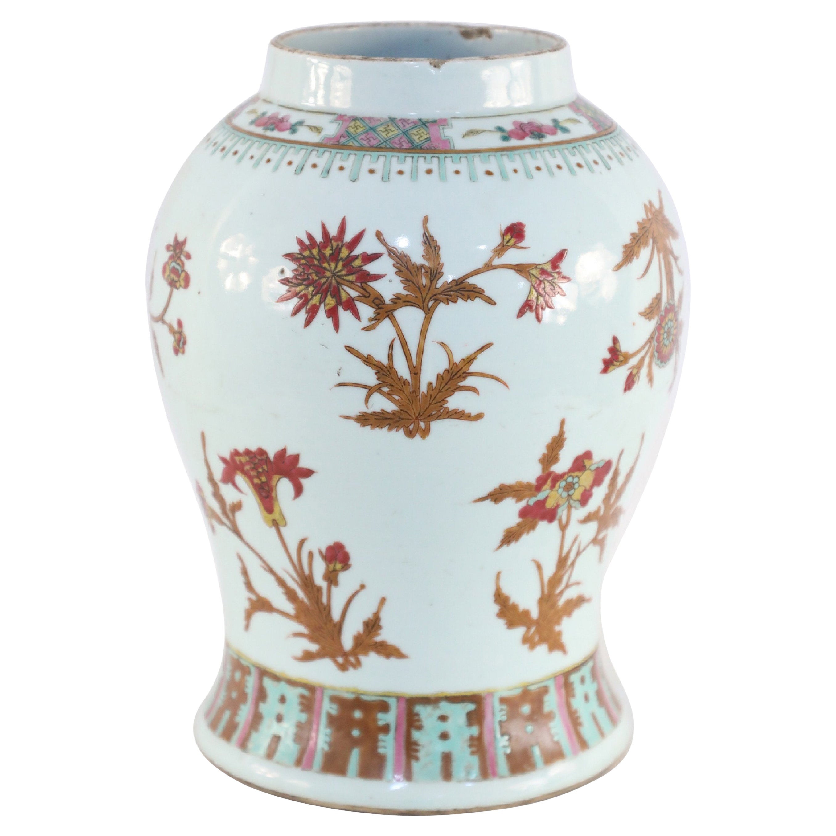 Vase chinois en porcelaine à design floral blanc, Brown et rouge