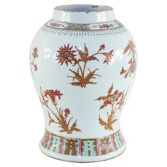 Jarrón chino de porcelana con diseño floral blanco, marrón y rojo