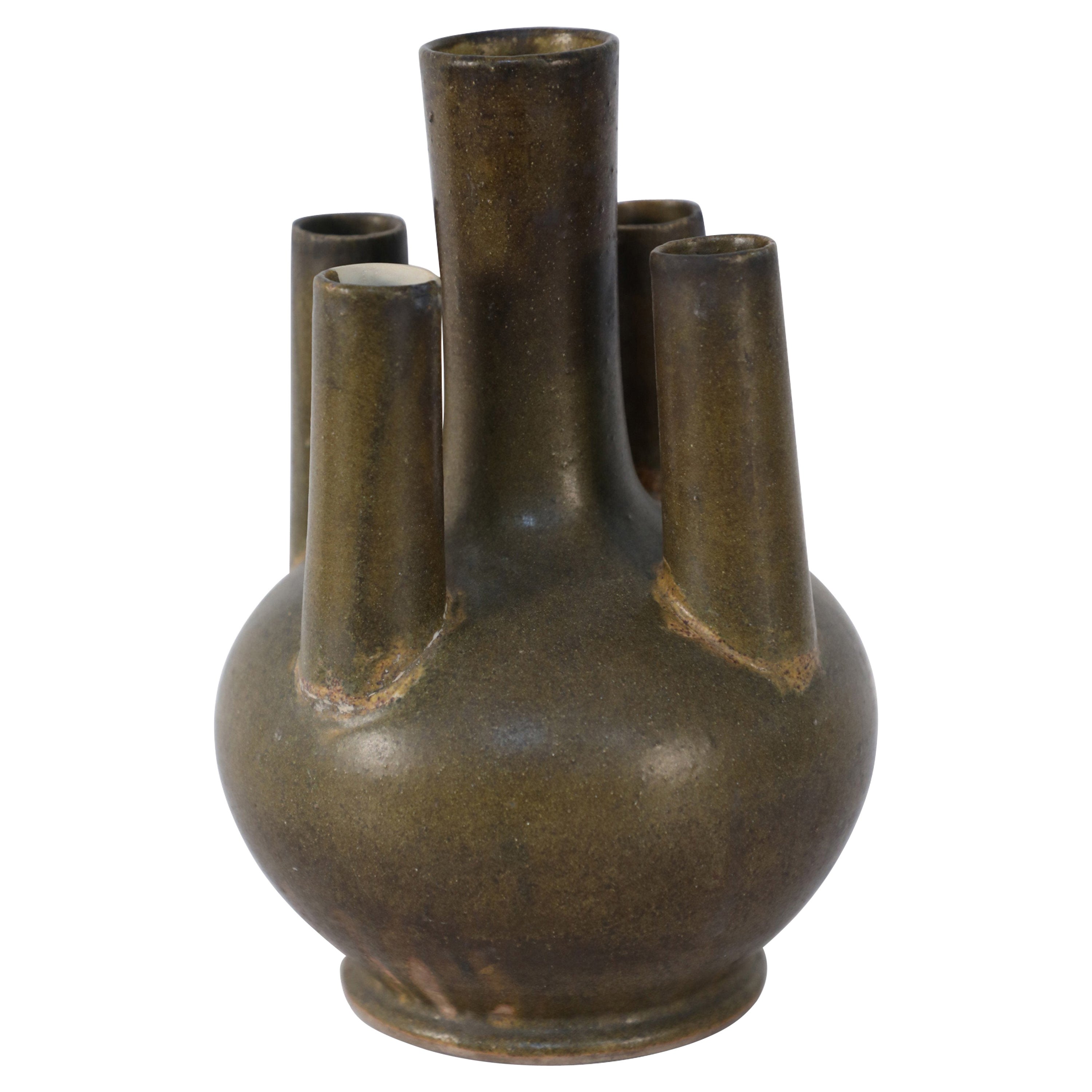 Vaso cinese in porcellana a più tubi di colore verde oliva