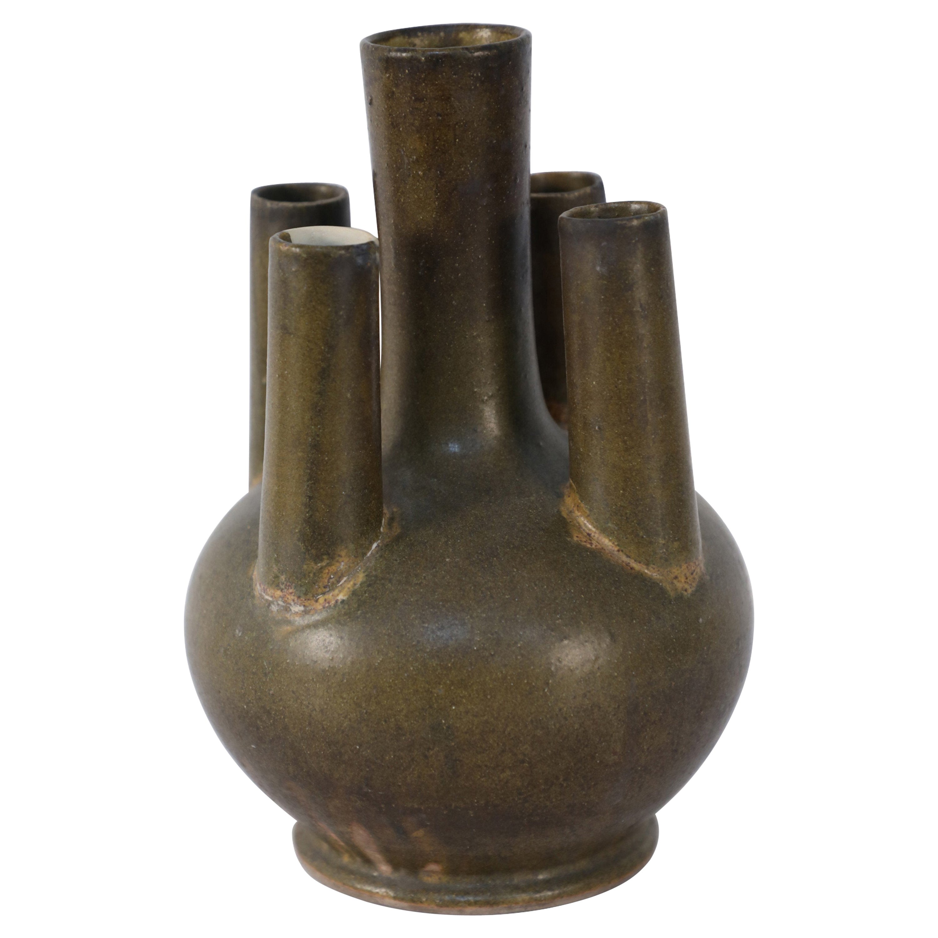 Chinese Olive Green Multi-Tube Porcelain Vase For Sale