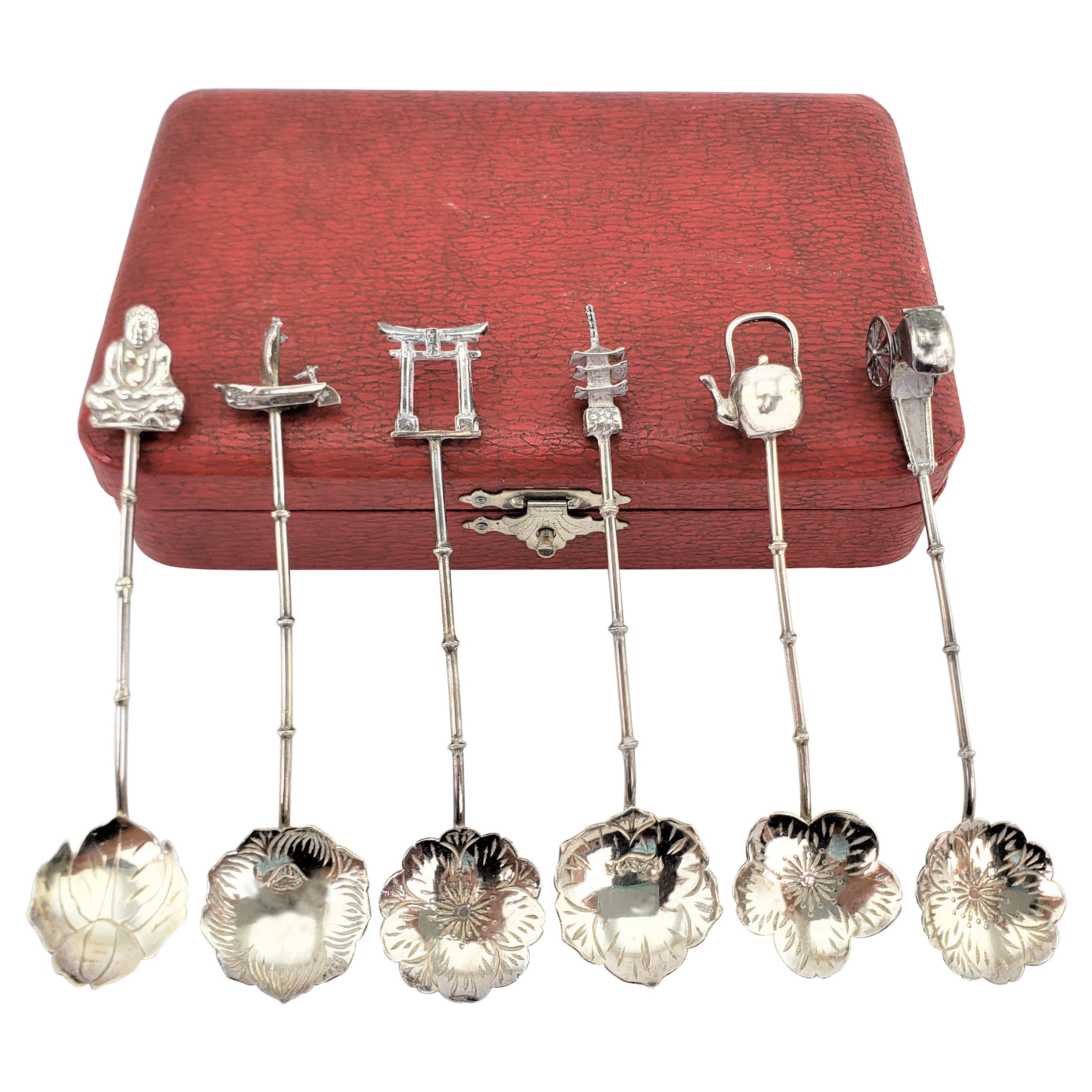 Set of 6 Sterling Silver Figural Japanese Coffee Sugar Spoons with Fitted Case