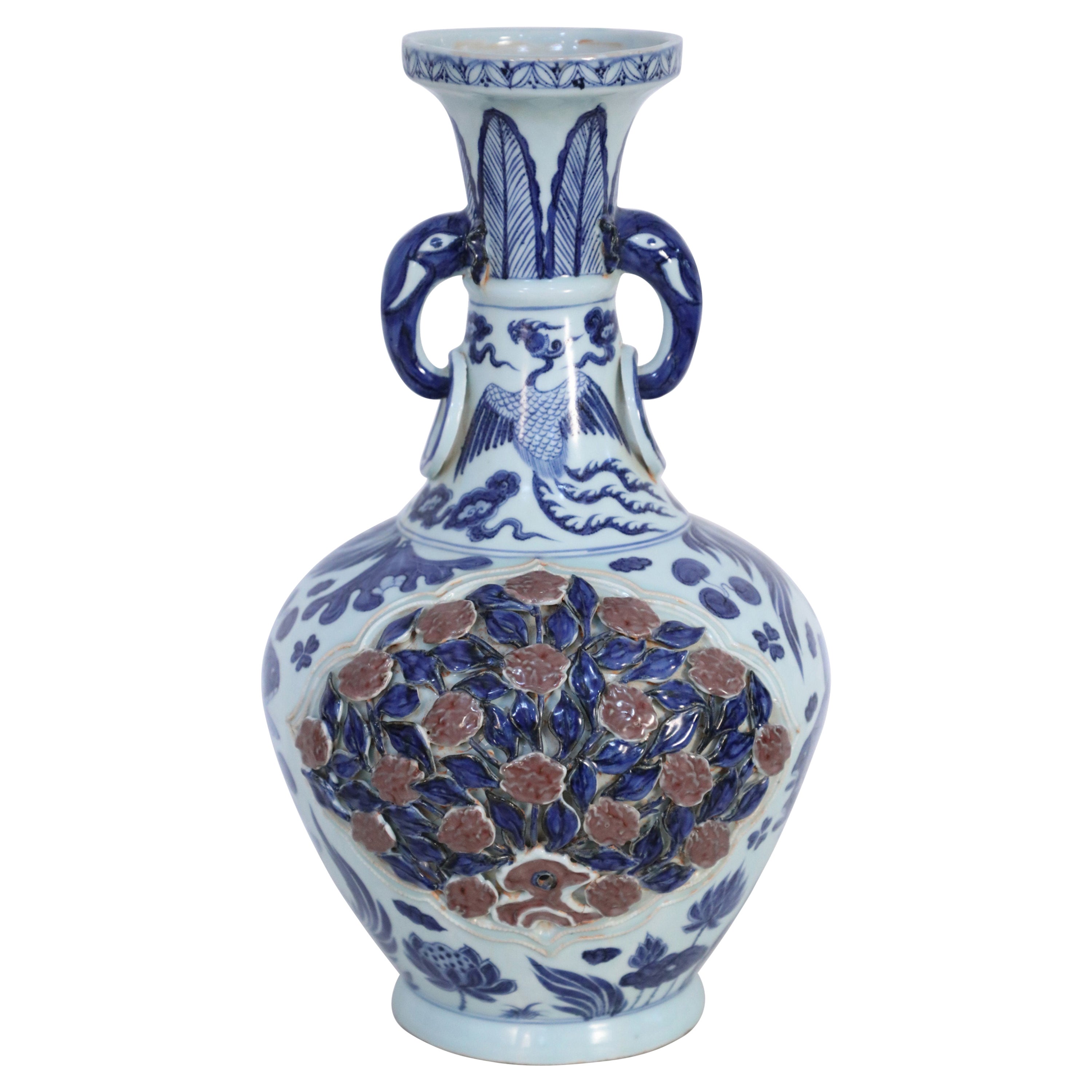 Chinese White and Blue Raised Rose Bush Design Porcelain Vase