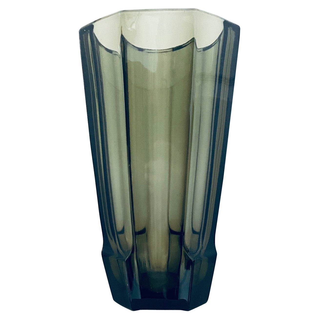 Art Deco Geometric Smoked Grey Glass Vase by Moser, Czech Republic, c. 1930's