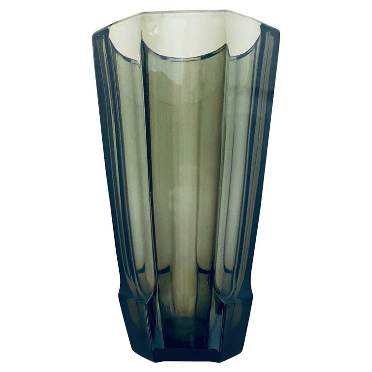 Art Deco Geometric Smoked Grey Glass Vase by Moser, Czech Republic, c. 1930's For Sale