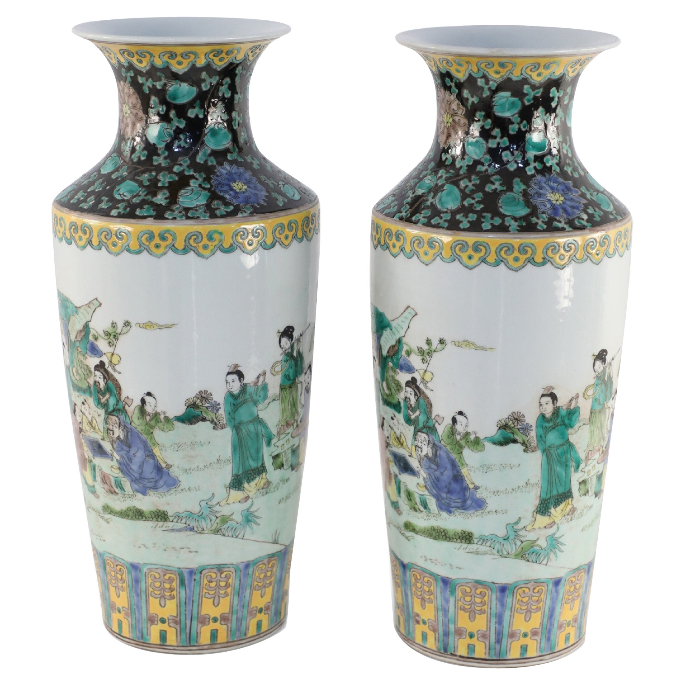 Pair of Chinese Qing Dynasty Garden Scene Porcelain Sleeve Vases
