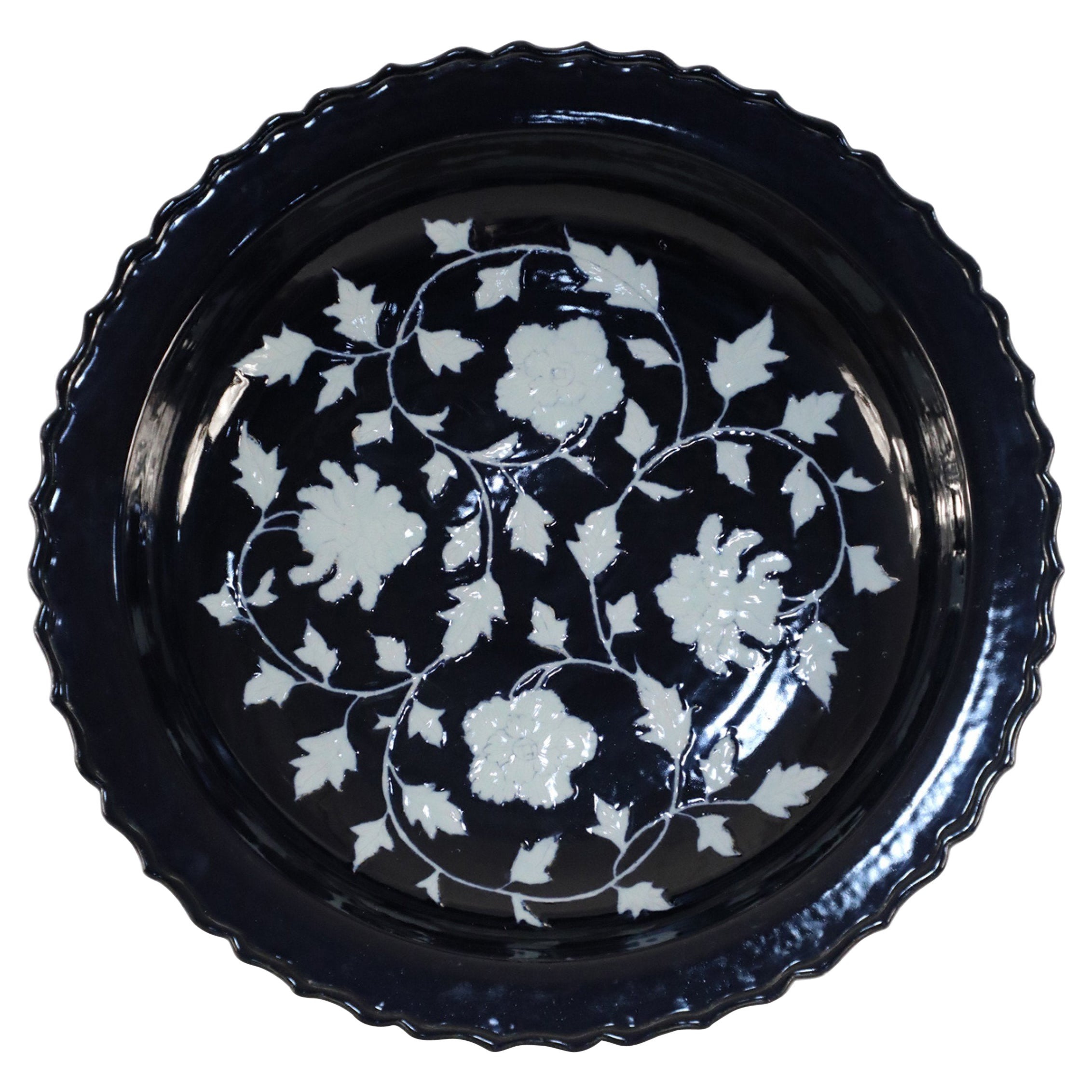 Chinese Dark Blue and White Peony Flower Design Scalloped Porcelain Centerpiece