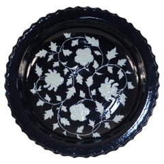 Chinese Dark Blue and White Peony Flower Design Scalloped Porcelain Centerpiece