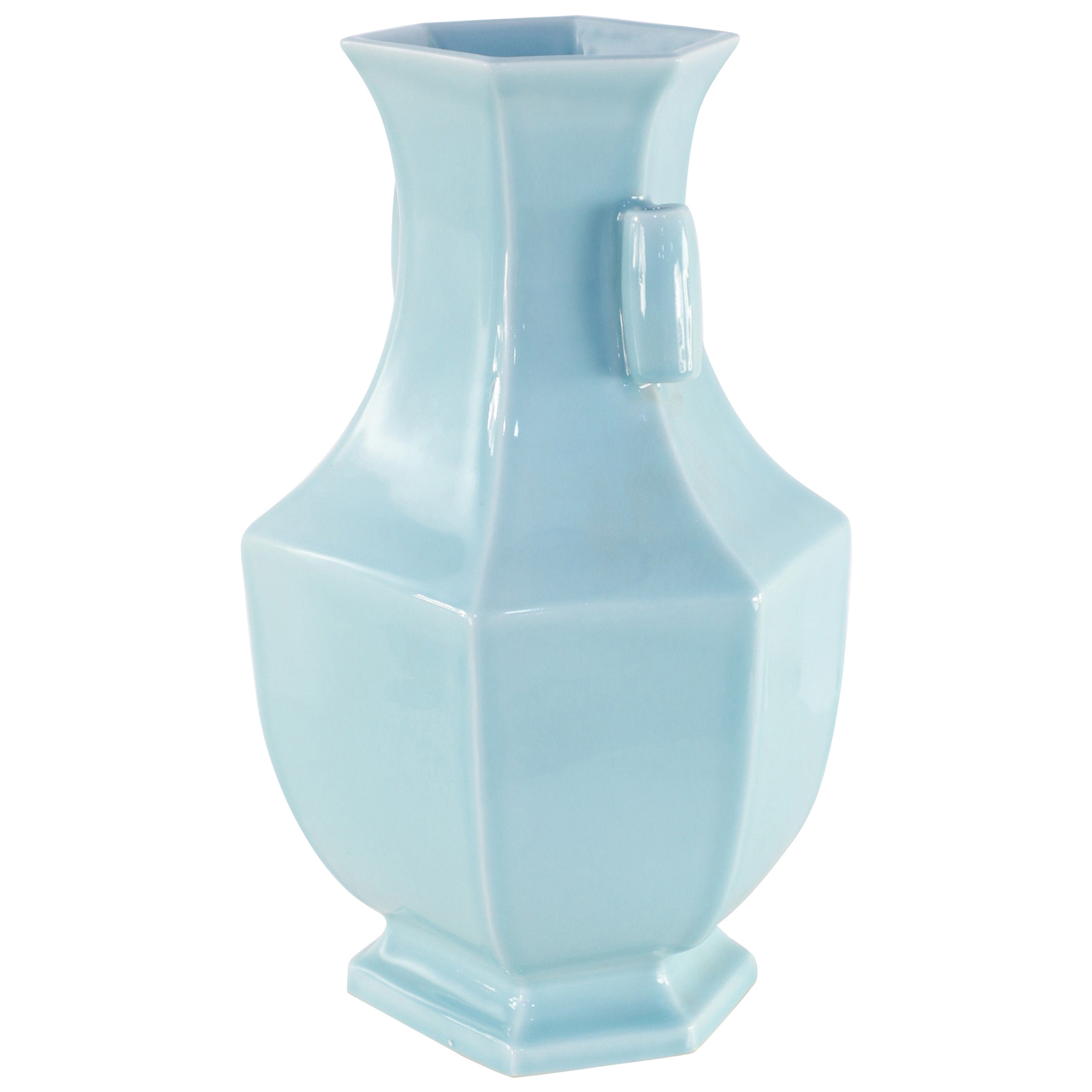 Chinese Qing Dynasty Style Pale Blue Six-Sided Porcelain Vase For Sale