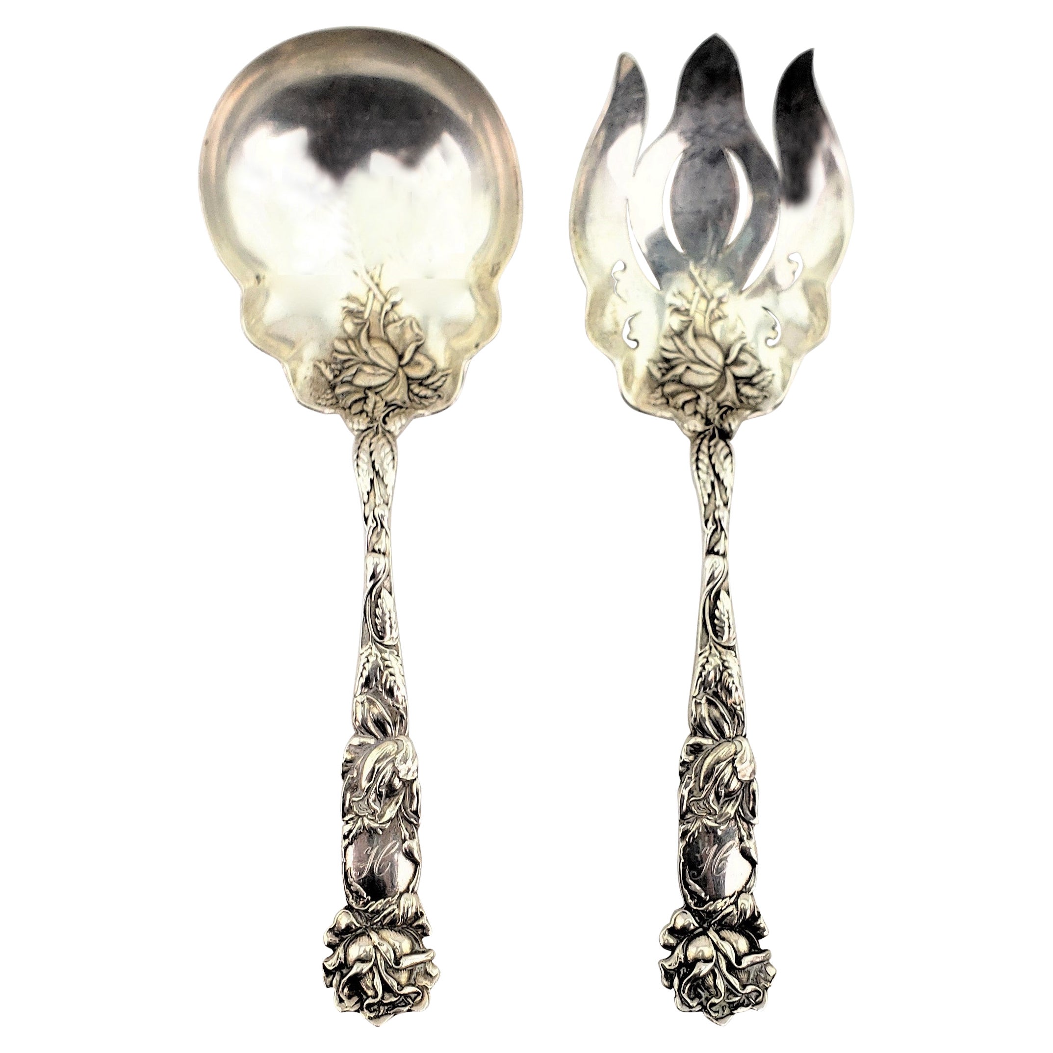 Antique American Art Nouveau Sterling Silver Serving Spoon Set with Floral Motif