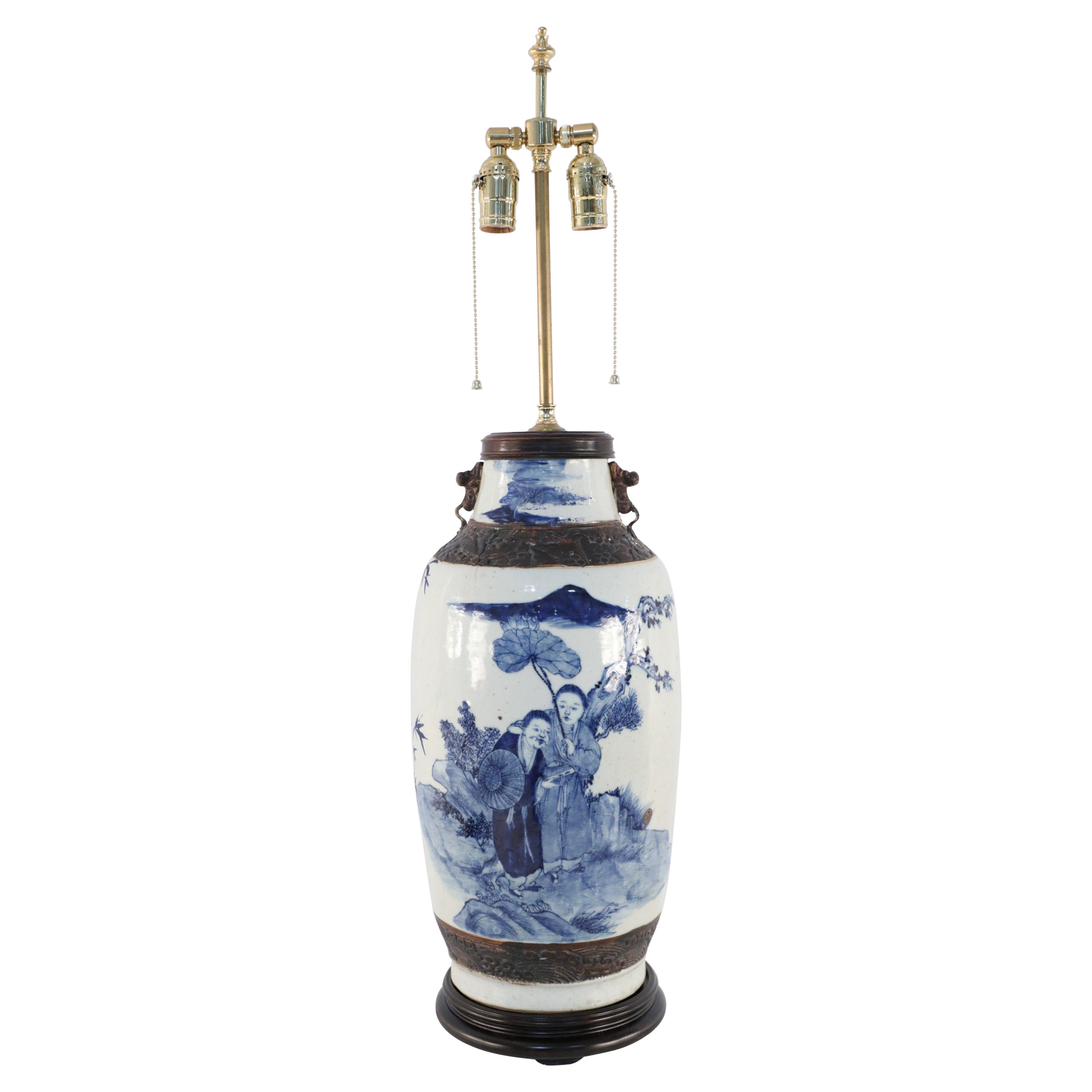 Chinese Off-White and Blue Figurative Scene Stoneware Table Lamp